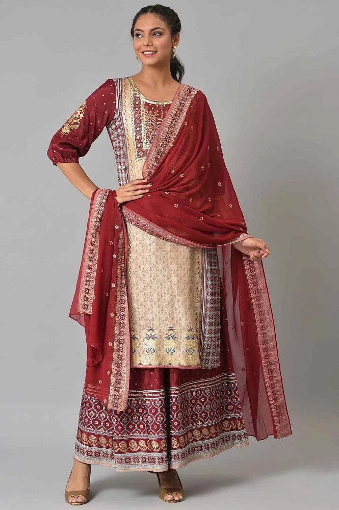 White Embroidered kurta with Red Culottes and Dupatta
