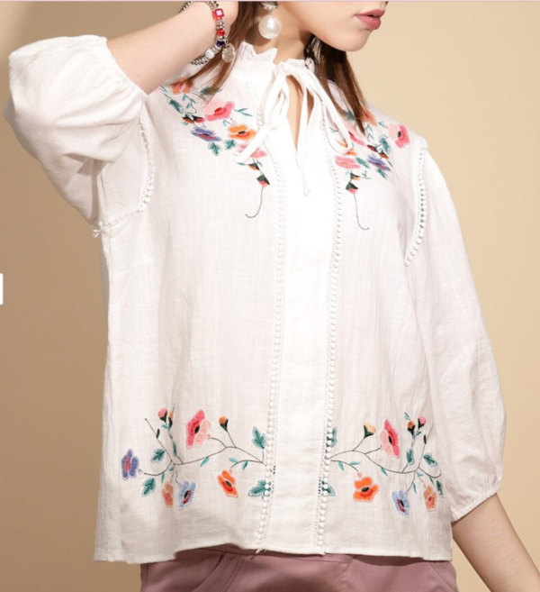 Floral Embroidered Tie-Up Neck Cotton Top