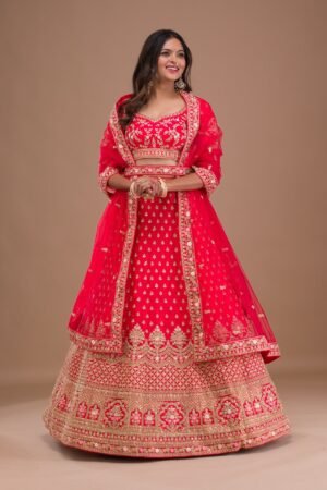 Red Zariwork Raw Silk Readymade Lehenga