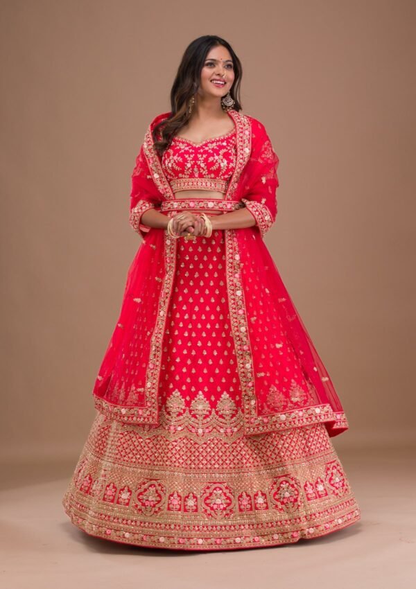 Red Zariwork Raw Silk Readymade Lehenga