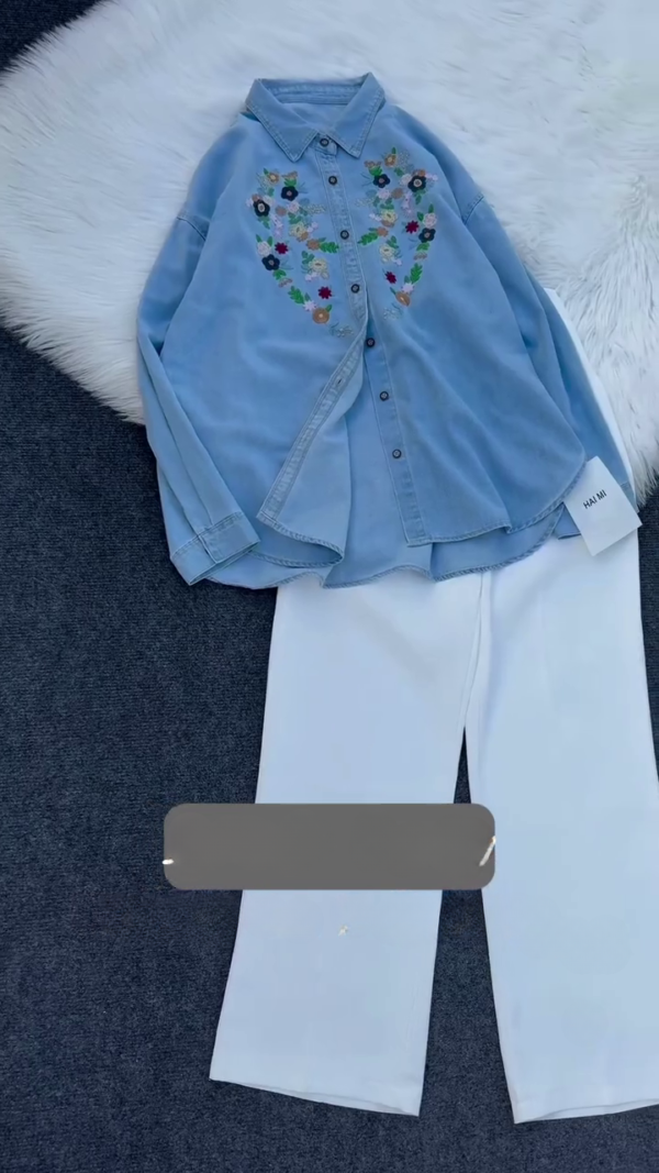 Embroidered Denim Shirt with White Wide-Leg Pants ? Classic & Elegant