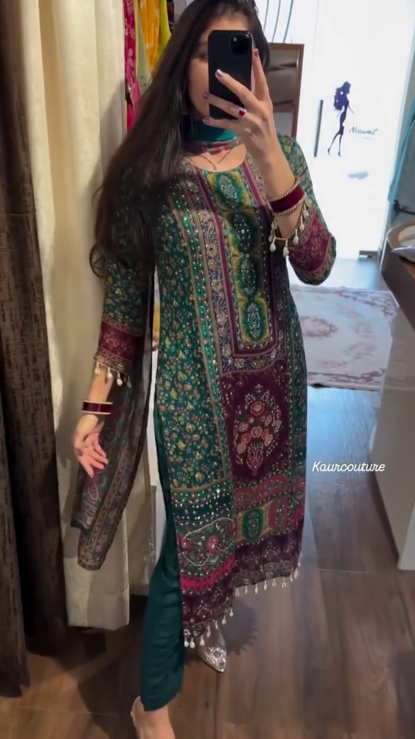 Women's Cotton Printed Sequence Embroidered Work Straight Kurta Dupatta Pant Set