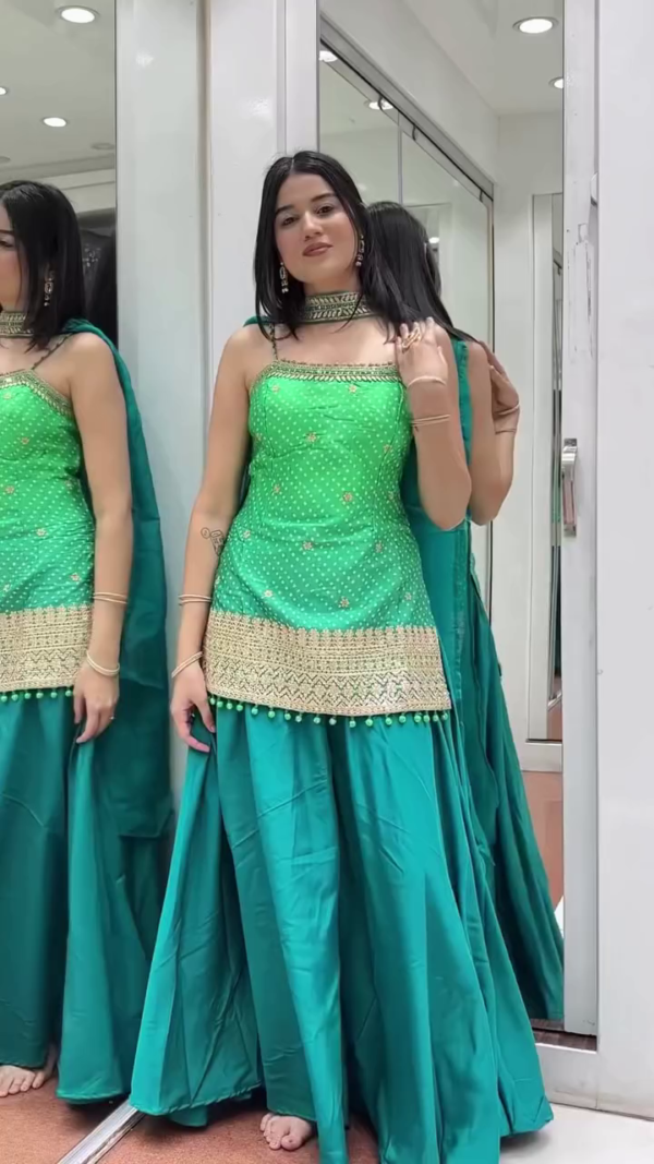 Bandhani print silk rama green palazzo salwar suit