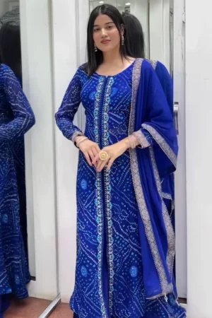 Abstract Printed Georgette A-Line Ethnic Dresse With Dupatta