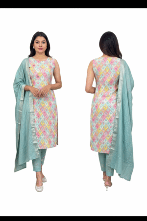 Contemporary Charm: Geometric Printed Embroidered Unstitched Dress Material