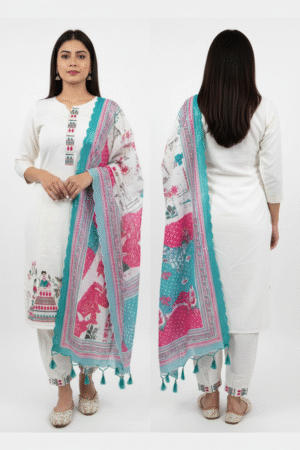 Graceful Elegance: Women Pink & White Printed Kurta with Trousers & Dupatta