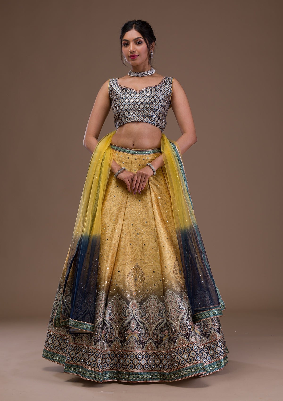 Mustard Mirrorwork Banarasi Readymade Lehenga