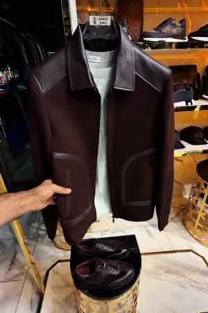 Men’s Black Wool Jacket with Leather Shoulder Detailing