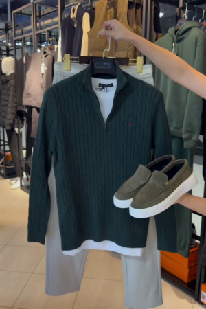 The Hero Piece: Lauren Green Cable-Knit Quarter-Zip