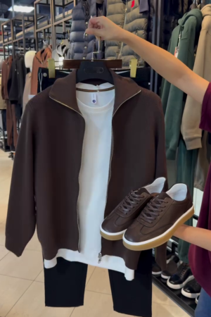 Men’s Brown High-Neck Zip-Up Cardigan