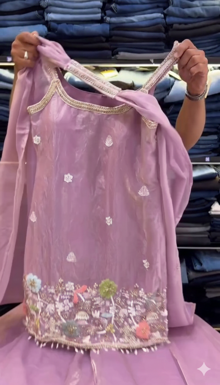 Sleeveless Sequins Work Pink Palazzo Suit Set