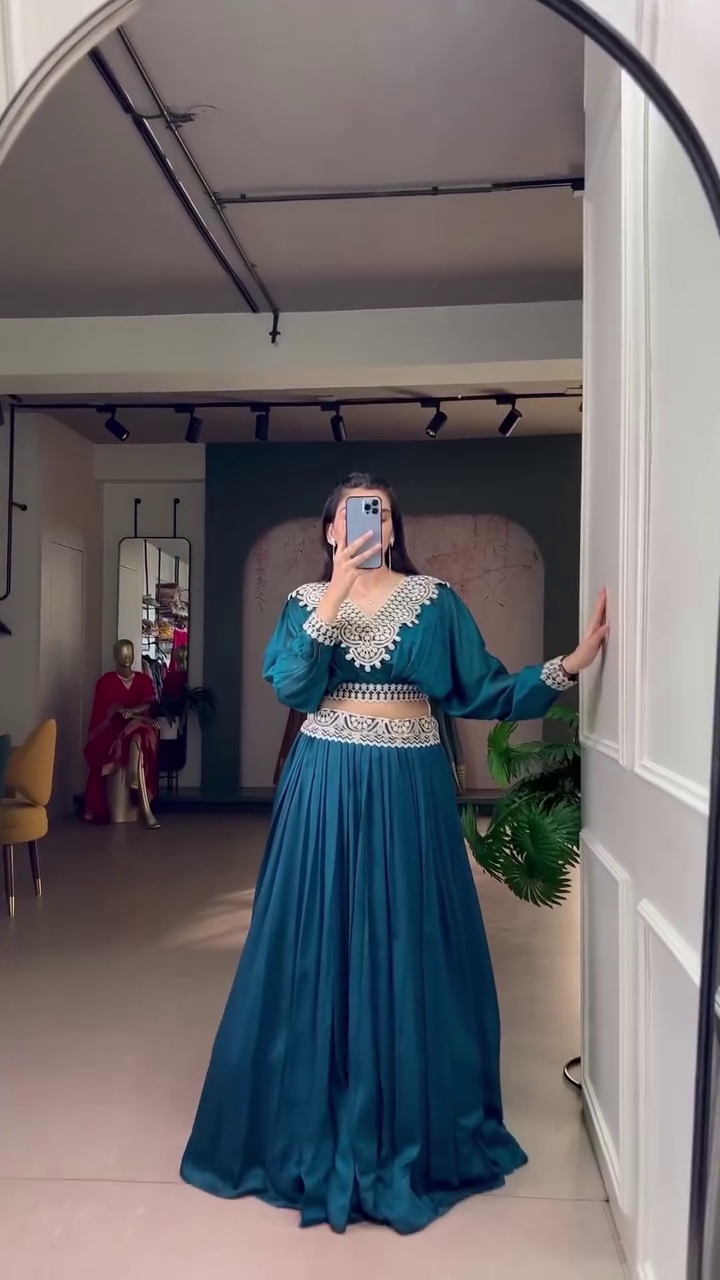 Embroidered Thread Work Semi-Stitched Lehenga - Image 9