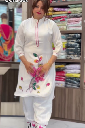 White Cotton Floral Embroidered Pathani Tunic Set