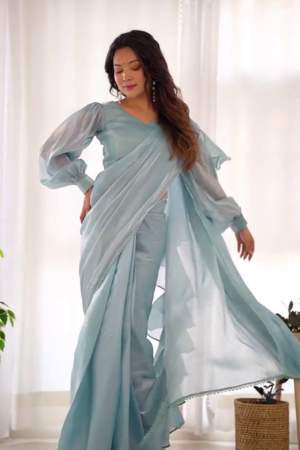 Ready to Wear Solid/Plain Bollywood Organza Saree (Blue)