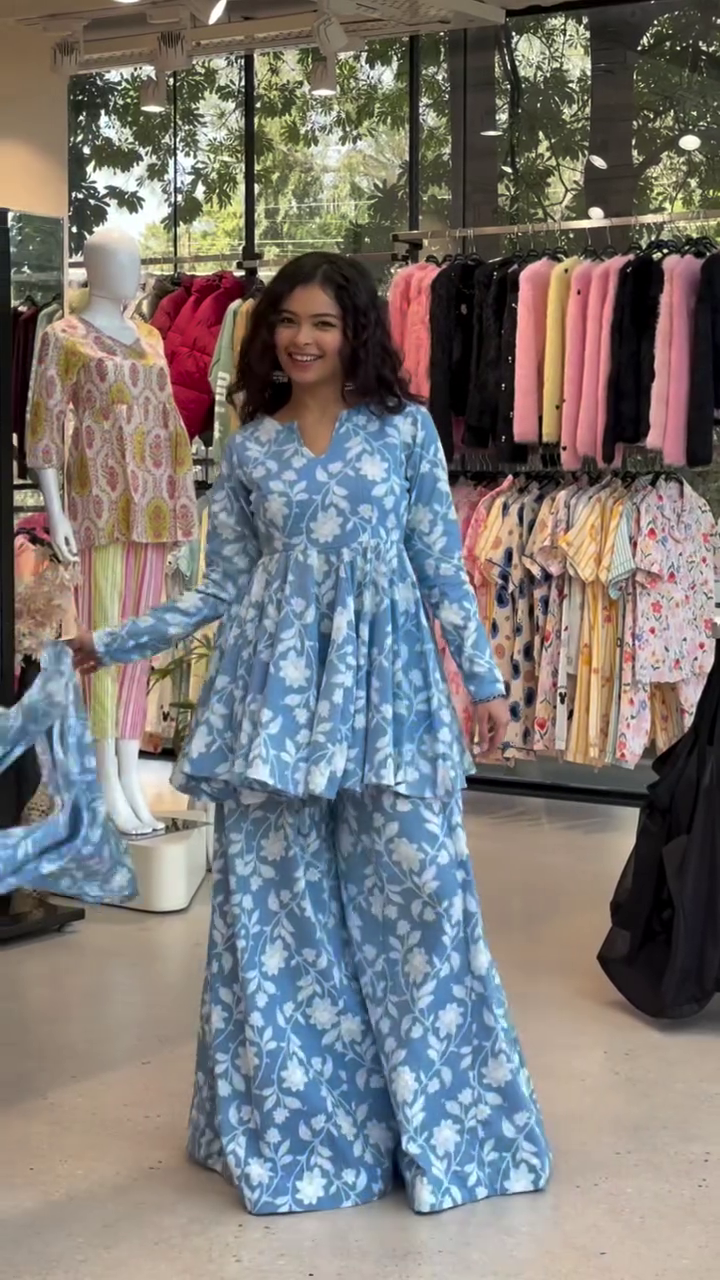 Printed Round Neck Long Sleeves Pure Cotton Tunic With Palazzos