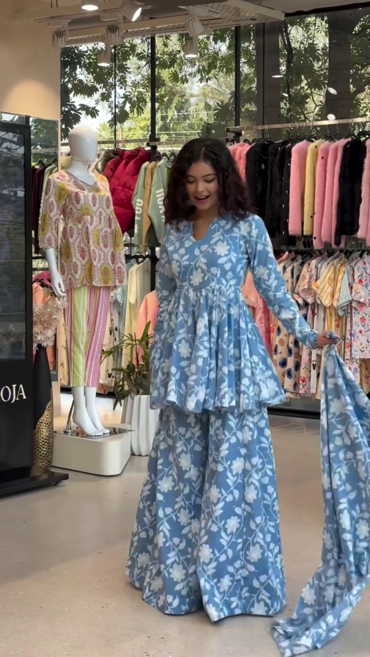 Printed Round Neck Long Sleeves Pure Cotton Tunic With Palazzos - Image 5