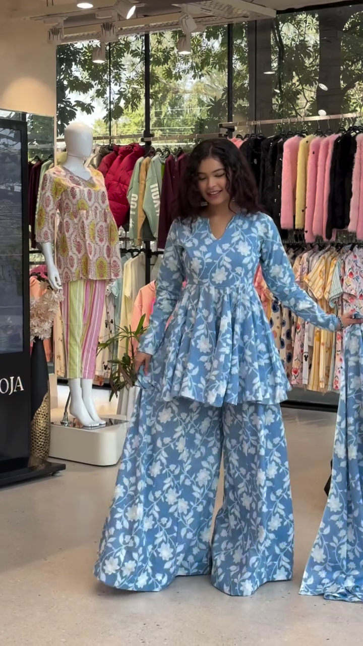 Printed Round Neck Long Sleeves Pure Cotton Tunic With Palazzos - Image 4