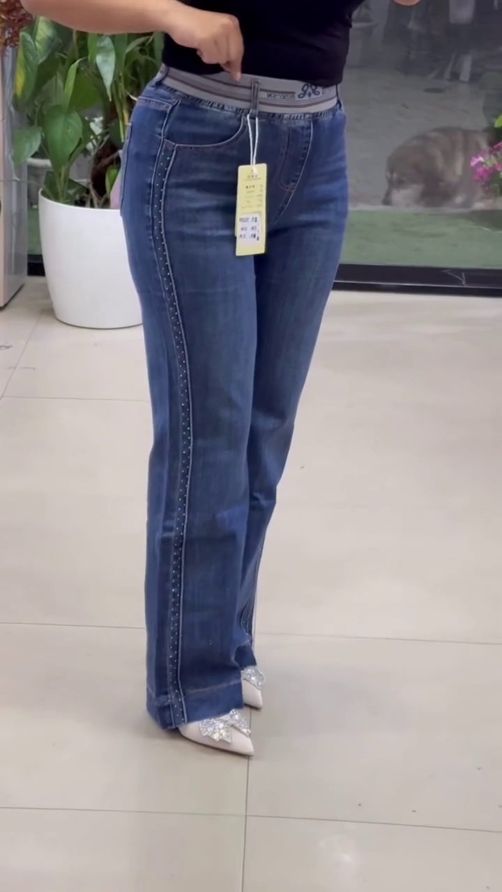High-Rise Rhinestone Side-Stripe Flare Jeans with Elastic Comfort Waist