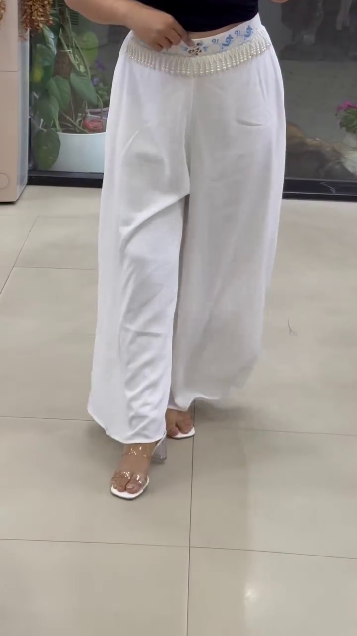 Boho-Chic High-Waisted Wide-Leg Trousers with Pearl & Embroidery Detailing - Image 3