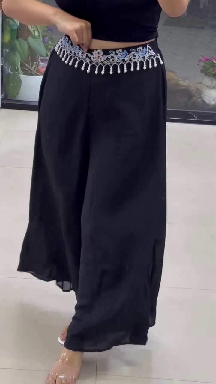 Boho-Chic High-Waisted Wide-Leg Trousers with Pearl & Embroidery Detailing - Image 4