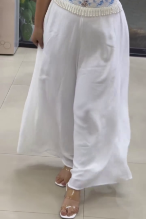 Boho-Chic High-Waisted Wide-Leg Trousers with Pearl & Embroidery Detailing
