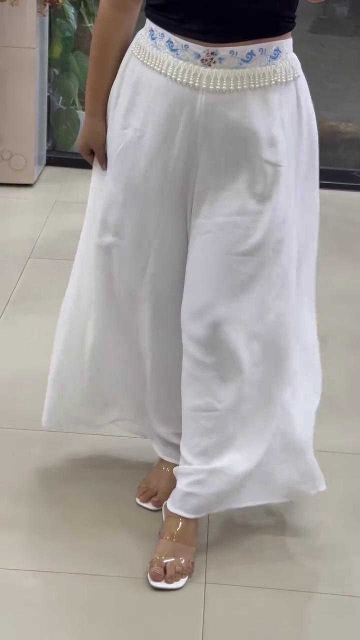 Boho-Chic High-Waisted Wide-Leg Trousers with Pearl & Embroidery Detailing