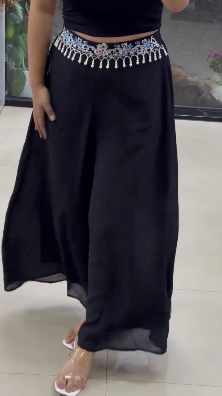 Boho-Chic High-Waisted Wide-Leg Trousers with Pearl & Embroidery Detailing - Image 2