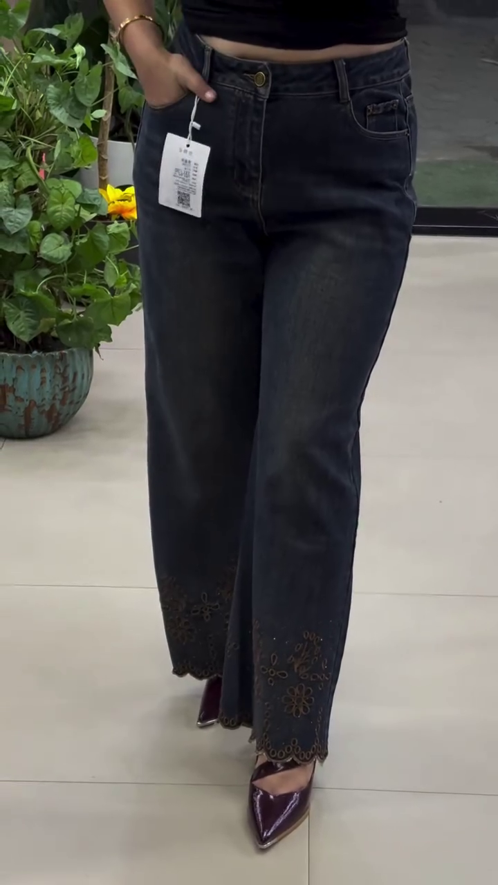 Midnight Indigo Cut-Out Scalloped Flare Jeans – Floral Embroidered Wide-Leg Denim