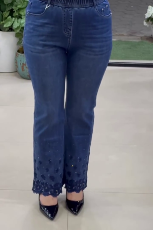 High-Waist Smocked Denim Trousers with Floral Lace Detailing