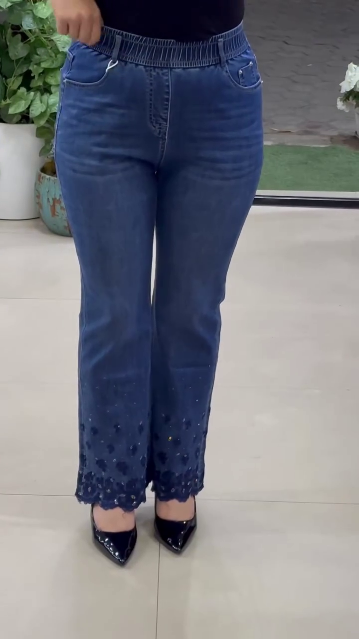 High-Waist Smocked Denim Trousers with Floral Lace Detailing