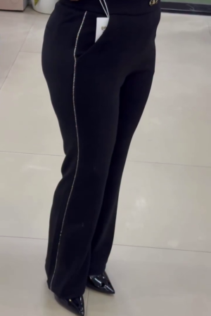 Midnight Shimmer High-Waisted Flare Trousers with Crystal Side-Stripe Detail