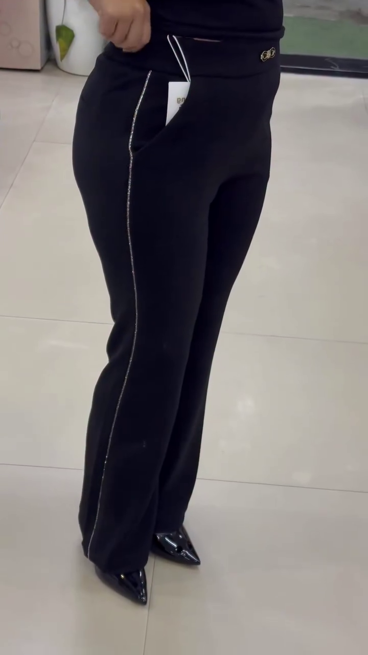 Midnight Shimmer High-Waisted Flare Trousers with Crystal Side-Stripe Detail