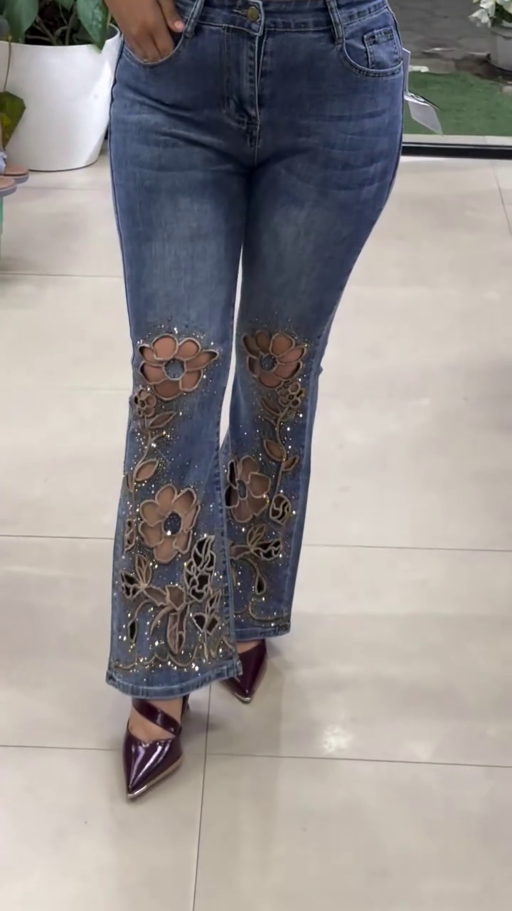 Floral Cutout High-Rise Flare Jeans with Rhinestone Accents - Image 2