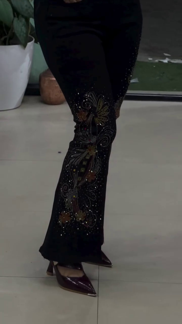 Midnight Bloom Embellished Flare Jeans – High-Waisted Rhinestone & Floral Beaded Black Denims - Image 2