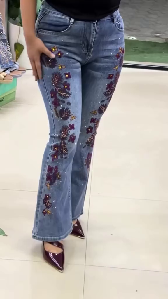 Midnight Bloom Embroidered Rhinestone Flare Jeans - Image 2