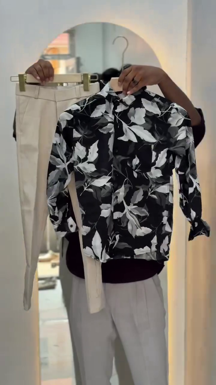 Men Dark Blue Leaf Print Shirt - Image 3