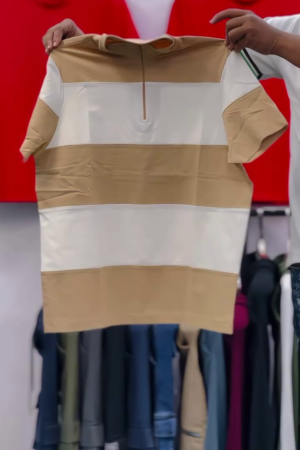 Men Beige & White Striped Polo Collar T-shirt