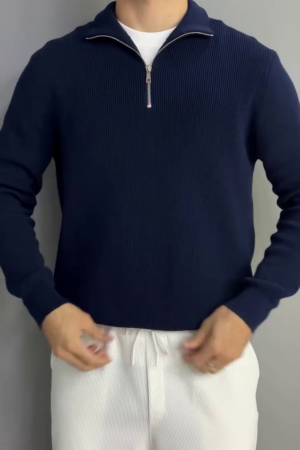 Self Design Polo Collar Long Sleeves Zipper T-shirt