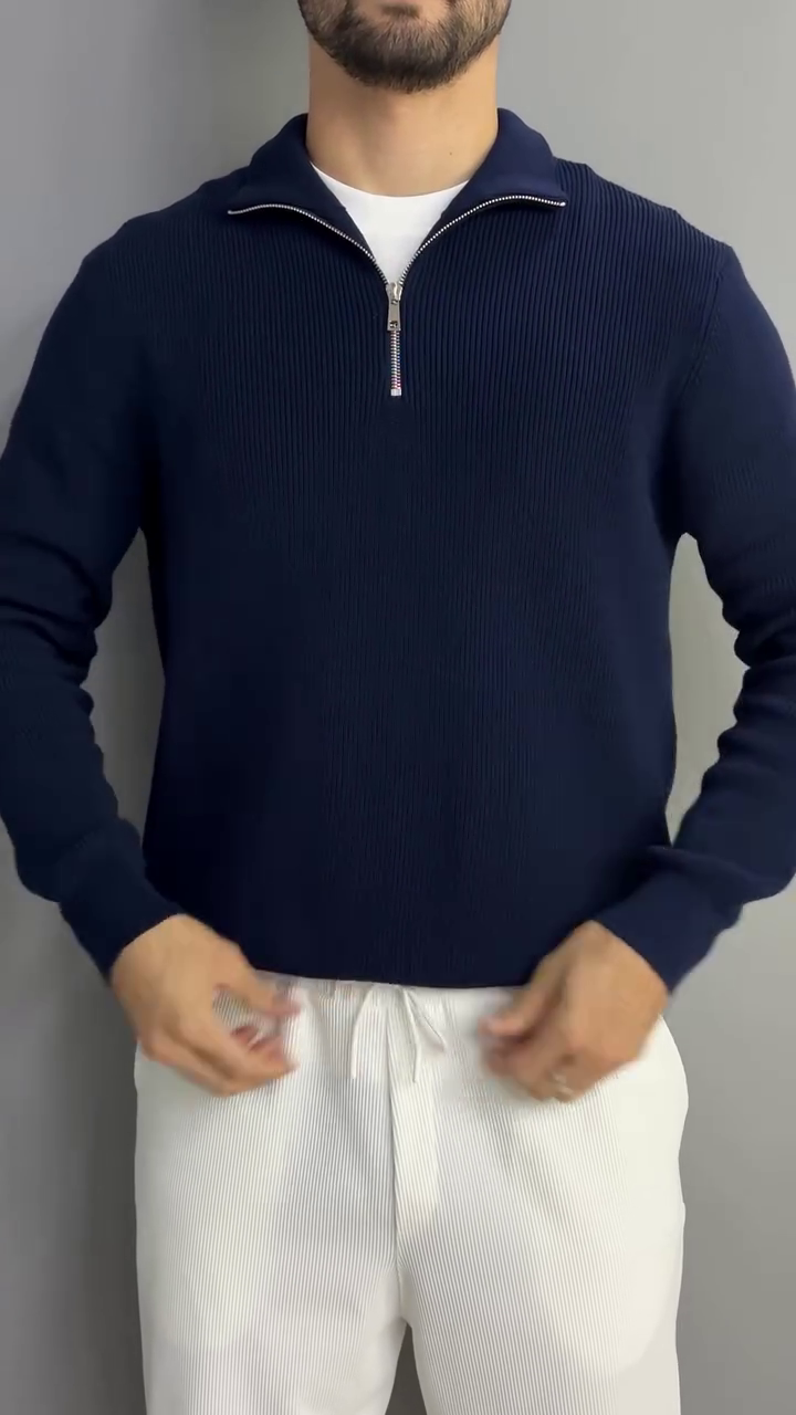Self Design Polo Collar Long Sleeves Zipper T-shirt