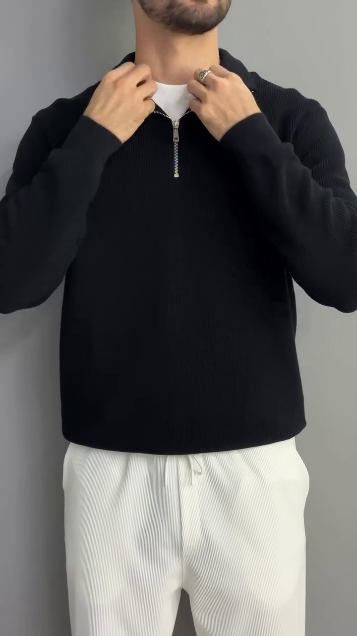 Self Design Polo Collar Long Sleeves Zipper T-shirt - Image 9