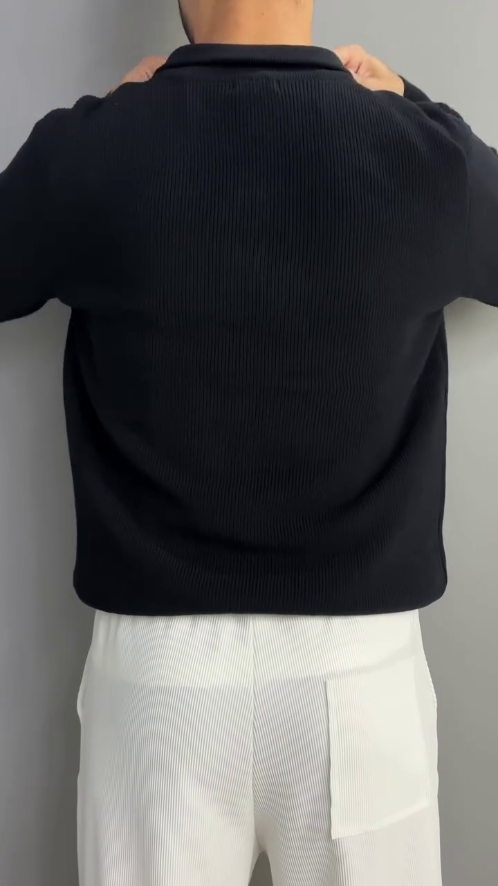 Self Design Polo Collar Long Sleeves Zipper T-shirt - Image 7