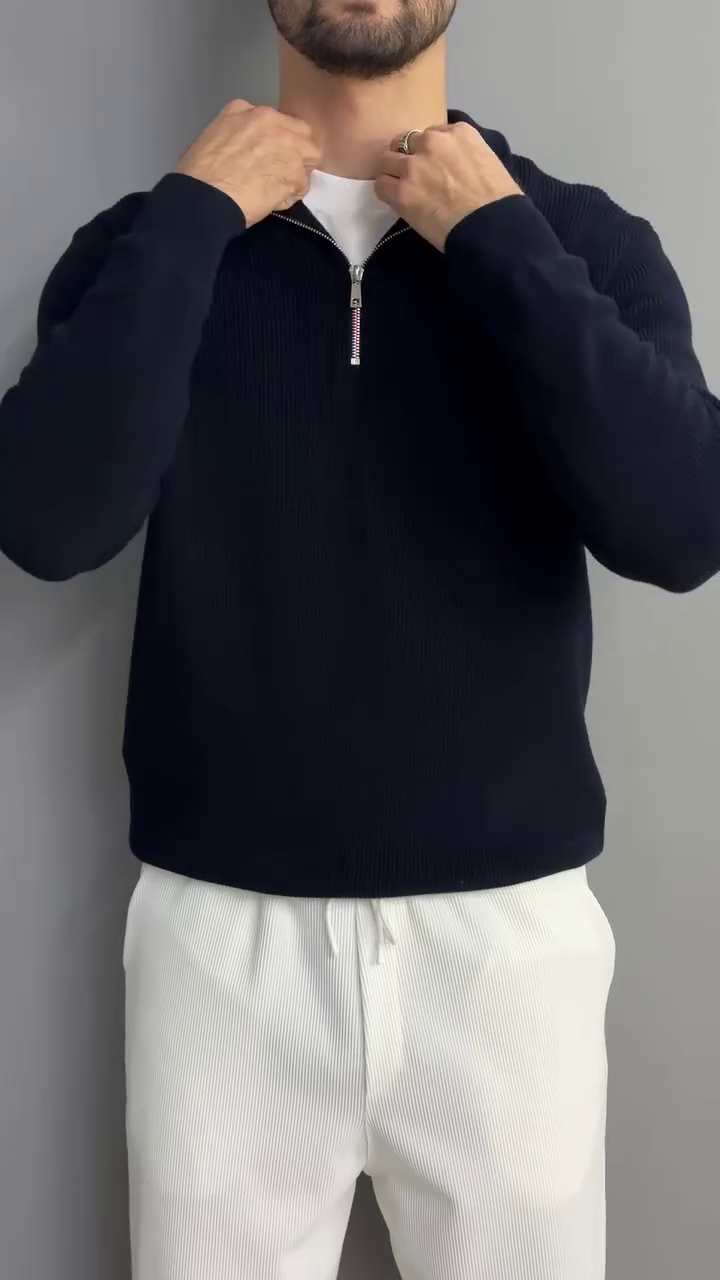 Self Design Polo Collar Long Sleeves Zipper T-shirt - Image 6
