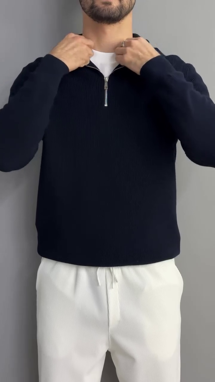Self Design Polo Collar Long Sleeves Zipper T-shirt - Image 5