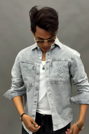 Men Grey Slim Fit Faded Denim Casual Shirt