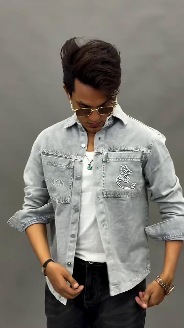 Men Grey Slim Fit Faded Denim Casual Shirt