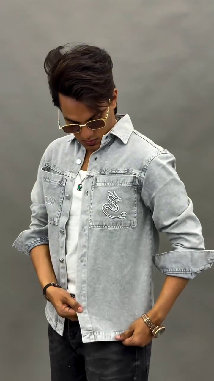 Men Grey Slim Fit Faded Denim Casual Shirt - Image 12