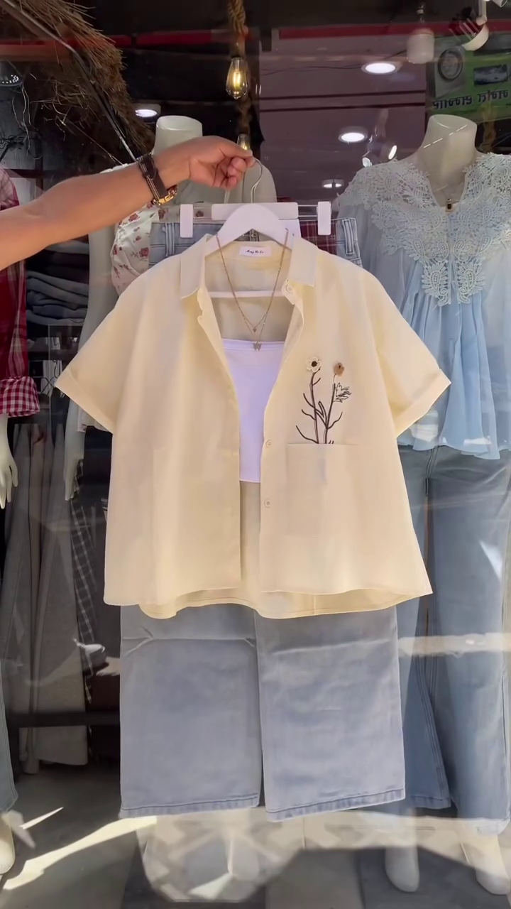 Floral Embroidered Lapel Collar Drop-Shoulder Sleeves Shirt Style Crop Top - Image 9