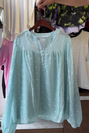 Self Design Mandarin Collar Puff Sleeve Gathered A-Line Top