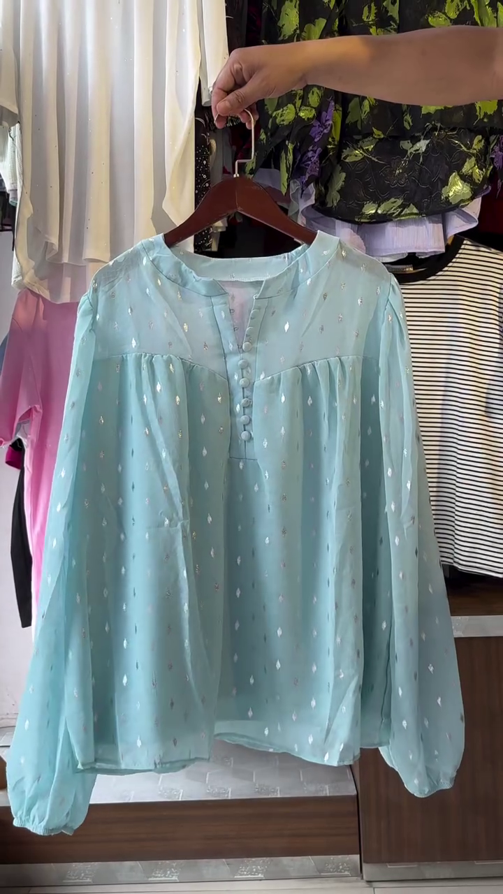 Self Design Mandarin Collar Puff Sleeve Gathered A-Line Top