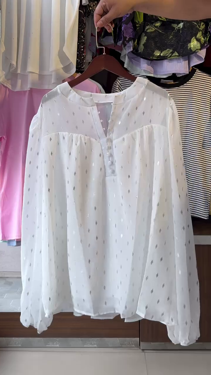 Self Design Mandarin Collar Puff Sleeve Gathered A-Line Top - Image 6